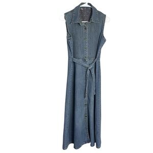Vintage Cherokee Denim Jean Shirt Dress Size M Blue Button Up Sleeveless Pintuck